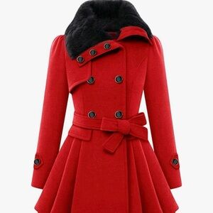 Elegant Red Double-Breasted Women's Coat